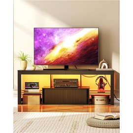 CHOEZON TV Stand with Power Outlet for 55 60 inch TVs, Gaming Entertainment Center with Storage, Mid Century Modern TV Console with LED Light Strip, for Living Room, Bedroom, Black MDS02UDBB