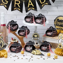 KPOSIYA Graduation Party Favors Boxes，32 pcs Class of 2025 Graduation Cap Candy Box with Tassel，Grad Gift Treat Boxes for 2025 Table Centerpieces Decorations(Rose Gold,Black)