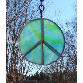 Blues and Greens Peace Sign Handmade Stained Glass Sun Catcher Ornament