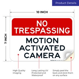 Motion Activated Camera Sign, 10x7 Inches, 4 Mil Vinyl Decal Stickers Weather Resistant, Made in USA