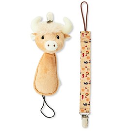Pacifier Buddy & Clip - Highland Cow Pacifier Holder, Plush Pacifier Clip for Baby, Binkie Clip, Paci Clip for Boys & Girls, Pacifier Holder with Clip, Soft Pacifier Stuffed Animal.