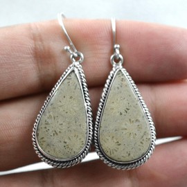 925 sterling silver dangle earrings with natural fossil coral, 10.74 g. Meadows By Crystalcraftindia BOX-39 E-1885 Christmas Gifts for Women