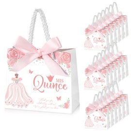 Skyygemm 25 Sets Quinceanera Party Favors for Guests Quinceanera Gift Bag with Handles Small Candy Bag with Bow Ribbon Mis Quince Decoration Quinceanera Sweet 15 Birthday Party Favor, 5.51x4.72x2.36''