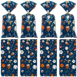 100 Pieces Sports Ball Snack Bags, Ball Games Rugby Football Basketball Baseball Candy Cello Treat Bags with Gold Twist Ties for Birthday Sports Party Favor Boys Kids Team Sports Goodie Bags