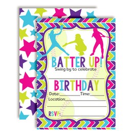 Amanda Creation Batter Up Softball Themed Birthday Party Invitations, 20 5"x7" Fill-In Cards with Twenty White Envelopes