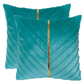 Tosleo Aqua Green Velvet Throw Pillow Covers 20x20 inch Pack of 2 with Gold Leather Decorative Couch Pillow Cover Luxury Modern Pillowcases for Living Room Bedroom Sofa Cushion Bed 50x50CM