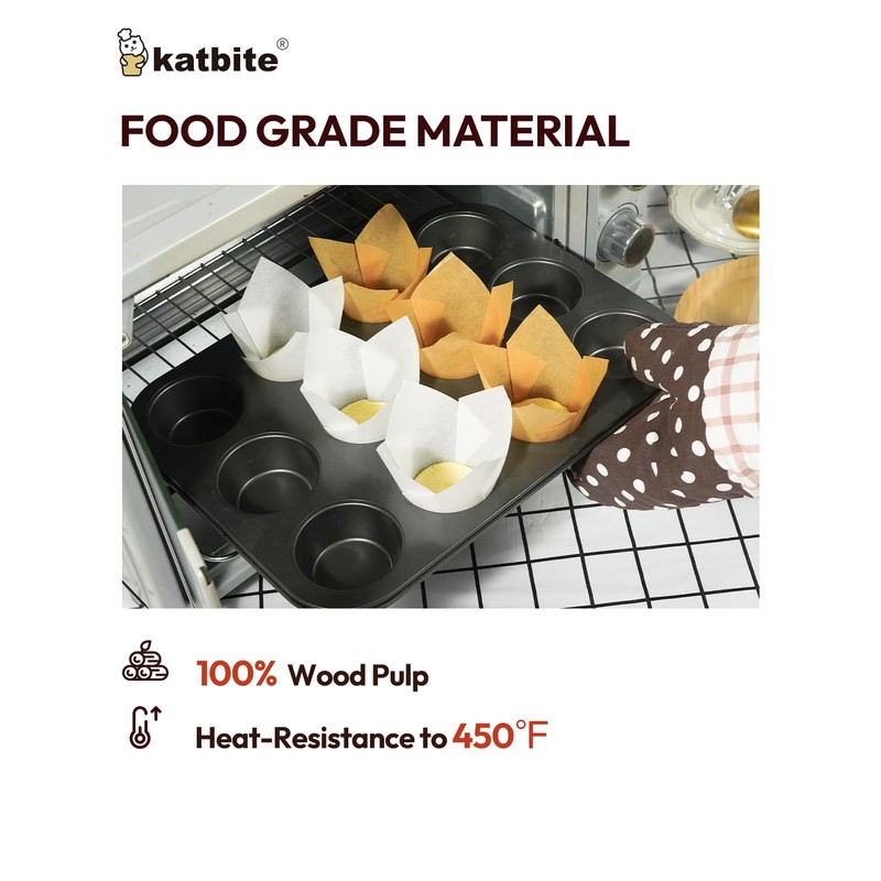 Katbite Tulip Cupcake Liners 200PCS, Muffin Baking Cups ProSmooth Brown