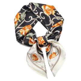 27.5" Silk Scarf of Women's Fashion Head Scarf Square Neck Satin Scarfs for Bag Hair Scarves Gift (Flower/Black)