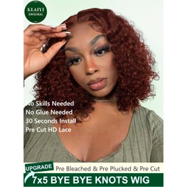 KLAIYI Bye Bye Knots Glueless Wig Reddish Brown Curly Bob Wig Human Hair Pre Cut 7x5 Lace Front Wigs for Women Pre Plucked Pre Bleached Water Wave Easy to Wear Put On and Go Wig Natural Hailine 12Inch