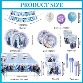 Blue Winter Birthday Party Decorations 207pcs Disposable Paper Plates & Napkins Set for 24 Guests - Includes Happy Birthday Banner & Cartoon Tablecloth