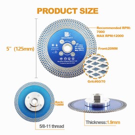Diamond Porcelain Tile Saw Blade - BRSCHNITT 5" Super Thin Diamond Cutting Grinding Disc with X Teeth with 5/8 Thread for Ceramic Tiles,Granite,Marble Angle Grinder Circle Saw Blade