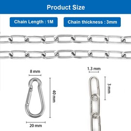 Jinsion Metal Chain Link, 1 Meter Stainless Steel Security Chain with Carabiner, Hammock Hanging Kit, 2 Pieces Chains 3mm Chair Punching Bags Pilates Heavy Duty Indoor Outdoor Hardware Accessories