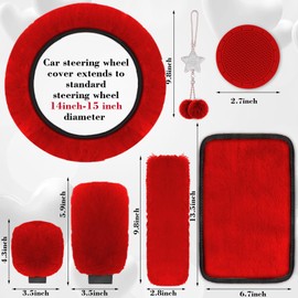 JINGSEN 17 Car Seat Cover Full Set for Women,Universal Car Seat Cover,Plush Steering Wheel Cover,Fluffy Soft Wool Handbrake Gear,Suspension Accessories Full SUV((Patterned Red