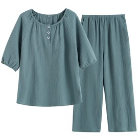SISOFTLY Women's Short Sleeve Pajamas, Open Front, Top and Bottom Set, Summer, Skin-friendly, Double Gauze, 8/4 Length Pants, Stylish, Solid Color, Spring and Summer, Sleepwear, Cool, Women's,