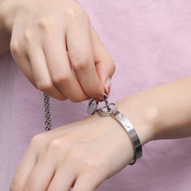 OIDEA Bracelet Partner Chain Necklace Jewellery Set of 2 with Heart Lock Bracelet Key Dog Tag Pendant Chain Stainless Steel in Love Fashion Gift for Couples Love Rose Gold/Silver, Stainless Steel, No