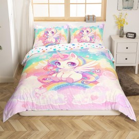 Dreamy Unicorn Duvet Cover,Kids Cute Rainbow Unicorn Bedding Set,Kawaii Style Comforter Cover for Girls Room Decor,Starry Sky Lightweight Bedspread Cover Twin Size with 1 Pillow Case(No Comforter)