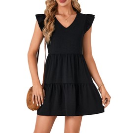 KIFOVEN Women’s Summer Tiered Mini Dress V Neck Ruffle Cap Sleeve Babydoll A Line Casual Flowy Sundress Black Large