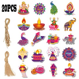 Happy Diwali Party Supplies Gift Bag Tags - Assorted Hanging Deepawali Party Favor Tags - Festival of Light Goodie Bag Tag Toppers Double-Sided Diwali Party Decorations Set of 20 Packs