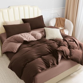 PURE ERA Jersey Knit Duvet Cover Set 100% T-Shirt Cotton Super Soft Comfy 3pc Bedding Set with Zipper Closure (Petal Pink/Dark Brown, King, 104'' x 90'')