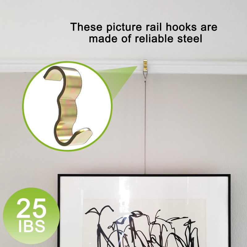 25 Pack Molding Hooks,Steel Picture Rail Hangers Hooks,Wide Picture Rail