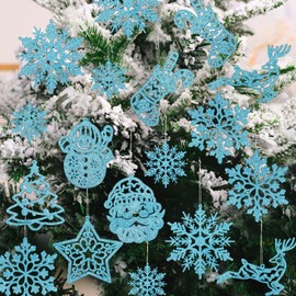 Christmas Tree Decoration – 42 Pieces Blue Glitter Snowman Reindeer Santa Claus Snowflakes Ornaments Glitter Christmas Tree Decorations in 10 Different Shapes and Included Silver Threads