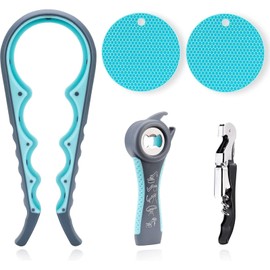 Jar Opener for Weak Hands, Seniors with Arthritis, 5 in 1 Multi Function Bottle Opener Lid Opener for Arthritic Hands with Non Slip Rubber Jar Opener Gripper Pad(5-Piece Set, Blue)