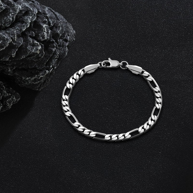LuxGoth Stainless Steel Figaro Link Chain Bracelet Italian Diamond-Cut Figaro