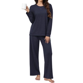 Ekouaer Women's Pyjamas Long Side Slit Two Piece Travel Airport Outfits Wide Leg Tracksuit Baggy Loungewear Comfy Leisure Suit S-XXL, navy, L