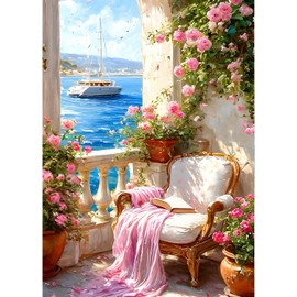 QINRUBB DIY Stool Diamond Painting Adults, 5D Sea View Diamond Painting Pictures Beginners, Colourful Flowers Round Full Drill Diamond Art Kits Embroidery Cross Stitch Gifts Home Wall Decor 30 x 40 cm