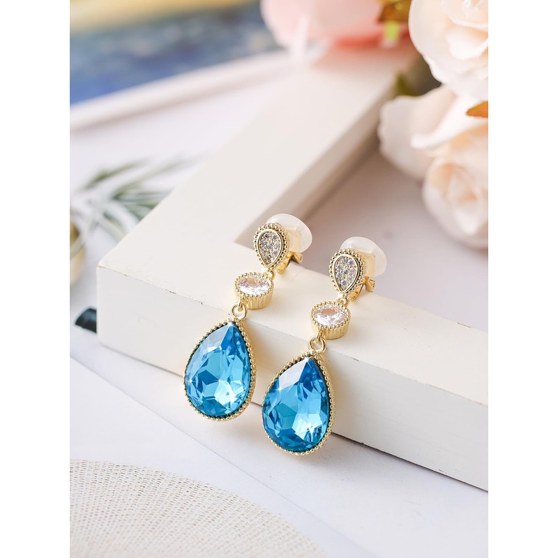 arete colgantes de vidrio con clip para mujer, hechos a