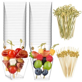 Zezzxu 50 Sets 7 oz Plastic Charcuterie Cups with 200 Sticks, Square Appetizer Cups with Cocktail Picks Mini Party Serving Cups for Fruit, Snack, Dessert