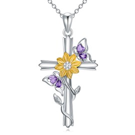 KoyeKei Butterfly Cross Necklace for Women 925 Sterling Silver Sunflower Cross Necklace Cross Pendant for Women Mothers Day Gifts for Mom