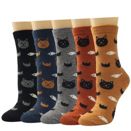 Blu Ninfee Thermal Socks for Women 4-7 Warm Wool Socks, 5Pairs Ladies Winter Thick Cute Crew Socks, Cartoon Cat Woolen Socks for Christmas