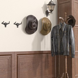 HYDERMUS Cowboy Hat Rack for Wall 4 Pack Modern Metal Cowboy Hat Holder Cast Iron Cowgirl Hat Hanger Western Longhorn Hooks for Storage and Display for Closet Bedroom Living Room Rust