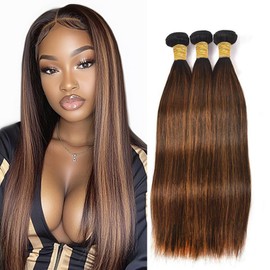 BilltiiWW P430 Straight Bundles Highlight Straight Human Hair Bundles Brown and Light Brown two tone Brazilian Human Hair Soft and Silky for Black Women 08 10 12 Inch