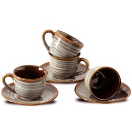 Hasense Espresso Cups with Saucers, 4 oz Small Ceramic Espresso Coffee Mugs Set of 4, Cute Cappuccino Cup Set, Demitasse Cups Perfect for Espresso Shots, Cappuccino, Tea-Grey Brown