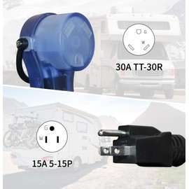 APEXSPORTS 1.5FT RV 15A to 30A Pig-Tail Power Adapter Cord 5-15P Male to TT-30R Female Dogbone, Easy Unplug Design, LED Power Indicator.