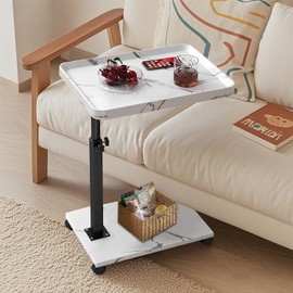 APYOAK C Table End Table, TV Tray Couch Tables with Wheels, 360° Swivel, Adjustable Height, Small C Shaped Side Table for Living Room, Bedroom, White