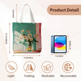 Likjad Vintage Daisy Floral Canvas Tote Bag, Daisies Flower Canvas Tote Bags for Women, Girly Aesthetic Botanical Reusable Grocery Shopping Bags