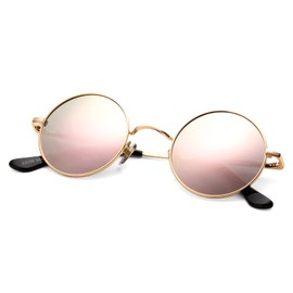 Pro Acme Retro Small Round Polarised Sunglasses for Men Women, Golden Frame | Pink Mirrored Lens