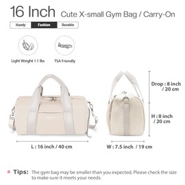 PHSYNI Compact Sports Gym Bag for Women, Cute Mini Duffle Bag with Wet Pocket & Shoes Compartment, Personal Item Travel Workout Bag, 16"-Small, Beige
