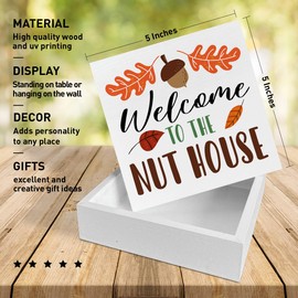 RJYMK Fall Welcome Table Wooden Box Sign Decor, Welcome to The Nut House, Autumn Table Decor Fall Farmhouse Tabletop Decorations for Home Harvest Thanksgiving Rustic 5" x 5" Square Wood Sign