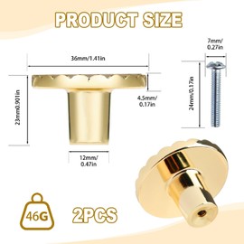 Gold Cabinet Knobs, 2 Pack Brushed Brass Round Drawer Knobs Classic Zinc Alloy Solid Dresser Knob Modern Design Kitchen Cupboard Knob Replacement Furniture Pulls for Dressers Wardrobes Cupboards