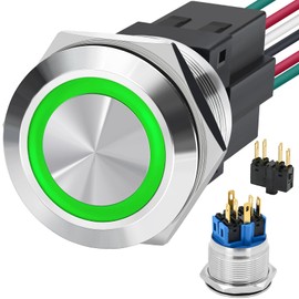 25MM Big Latching Push Button Switch 1“ Hole Waterproof IP67 DPDT/SPDT Stainless Steel 304 5Amp with 24V LED Light with Wire Socket UL Certification Green
