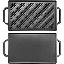 GGC Cast Iron Reversible Grill Griddle for Stove Top, Flat Griddle for Gas Grills, Flat and Ribbed Double-Side to Use, Non-Stick Griddle Plate Top Outdoor Cooking (20" x 9")