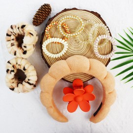 WENSIDUO 10 Pcs Spa Headband Wristband Flower Claw Clip and Spiral Hair Tie Set, Reusable Soft Skincare Headbands Set for Women Girls, Orange.