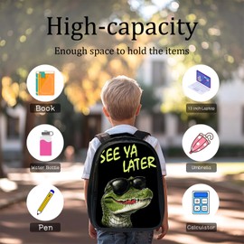 Quorin Funny Crocodile Backpack Cool School Bag 3PCS Backpack 16 Inch with Lunch Bag Set Lightweight for Teen Boys Girls Kids Elementary Middle School