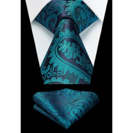 HISDERN Men's Tie Handkerchief Flower Paisley Wedding Tie & Pocket Square Set, Aqua/Teal, One size fits all