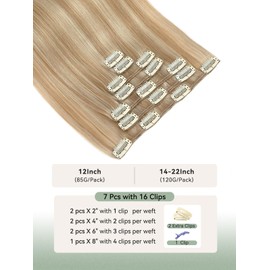 Bellecho Clip in Hair Extensions Real Human Hair, Silky Straight Real Remy Human Hair Extensions Clip ins, Light Blonde to Golden Blonde Clip in Extensions for Women, 14inch 120g 7Pcs, P16/22#