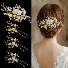 4 Pcs Crystal Wedding Hair Accessories GoldLeaf Shapes Hair Comb with Rhinestone Elegant Hair Pins and Pearls for Bride Bridesmaids Flower Girls Bridal Women Gold